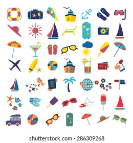 Travel beach flat calligraphy background. Flat design style modern vector illustration icons set of traveling on airplane, planning a summer vacation, tourism and journey objects and passenger