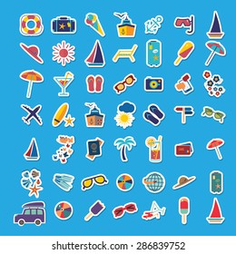 Travel beach flat calligraphy background. Flat design style modern vector illustration icons set of traveling on airplane, planning a summer vacation, tourism and journey objects and passenger