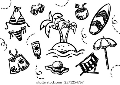 Travel Beach Hand Drawing, coconut tree, woman bikini swimsuit, sun cream, drawstring shorts, sunglasses, beach hat, coconut, surf board, umbrella, wooden folding chair, summer