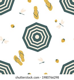 Travel and beach holiday attributes. Seamless pattern. Fashion color trends. Design element, decor for pillows, bed linen, textiles, fabric, bedspread. Vector graphics.