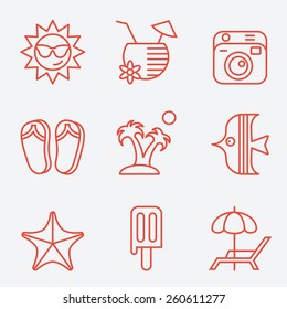 Travel and beach icons, thin line style, flat design