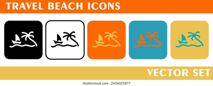 Travel beach icons with yacht, palm and wave . For logo, symbol or web design. Vector flat illustration.