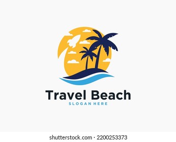 travel beach with plane and palm tree logo design