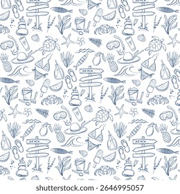 Travel Beach Seamless Pattern. Sea Creatures Line Art. Turtle, crab,  starfish, seashell, fish. Minimalist Marine Animals Outline, Ocean Animals Background