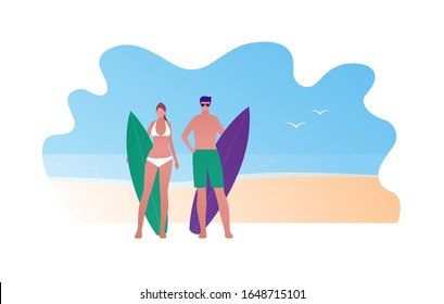 Travel to beach surfing vacation concept. Vector flat person illustration. Family surfer couple of man and woman with surf on sunny sea island. Design element for banner, background, sketch, art.