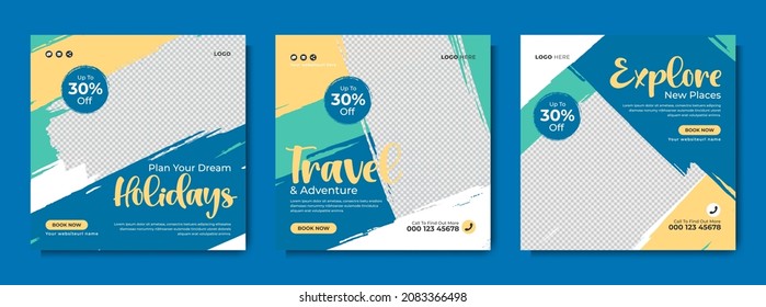 Travel, beach vacation or summer holiday travelling social media banner post template design with abstract background, logo and icon. Traveling sale business marketing flyer or digital web poster.