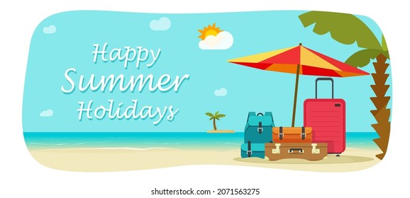 Travel beach vector summer banner or tourism trip landscape and sea coast island scenery resort poster with suitcase baggage or luggage flat cartoon vector illustration background for copy space text