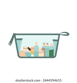 Travel beauty kit isolated on white background. toiletry bag with small samples of shampoo, soap, cream lotion and perfume. Vector flat illustration.