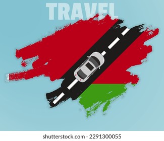 Travel to Belarus by car, going holiday idea, vacation and travel banner concept, car on the road with Belarus flag, international car travel, automobile going on a way, top view