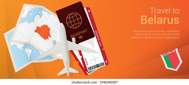 Travel to Belarus pop-under banner. Trip banner with passport, tickets, airplane, boarding pass, map and flag of Belarus. Vector template.