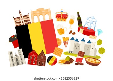 Travel to Belgium, elements of culture and big Belgian flag, famous food and landmarks in infographic collage banner. Flemish stew and beer, historic buildings and Atomium cartoon vector illustration