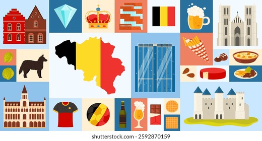 Travel to Belgium, geometric infographic banner design with Belgian culture, landmarks and food. Map with country flag, traditional houses and cathedral, diamond and waffle cartoon vector illustration