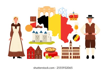 Travel to Belgium, infographic collage with tourist attractions and food. Belgian man and woman in national dresses, culture elements and traditional houses, chocolate cartoon vector illustration