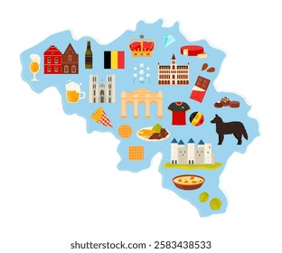 Travel to Belgium set, culture elements and landmarks, Belgian food in infographic country map. Cathedral and Big Market square buildings, Gravensteen, diamond and cheese cartoon vector illustration