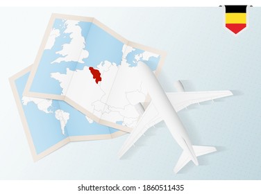 Travel to Belgium, top view airplane with map and flag of Belgium. Travel and tourism banner design.