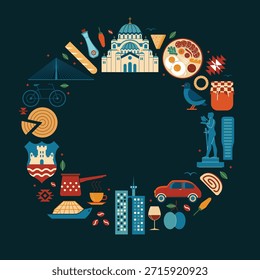 Viagem Belgrado forma círculo impressão. Cartão turístico com elementos de design sérvio, comida tradicional e marcos arquitetônicos. Projeto de moldura de fronteira com cliparts e ícones culturais da Sérvia.