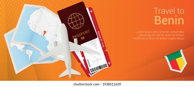 Travel to Benin pop-under banner. Trip banner with passport, tickets, airplane, boarding pass, map and flag of Benin. Vector template.