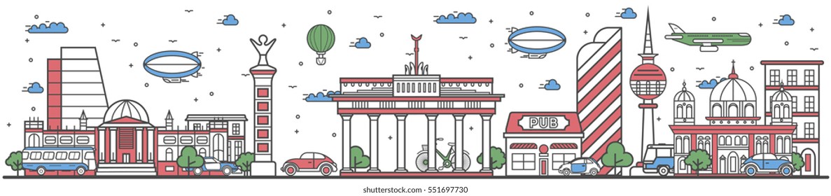 Travel Berlin landmark banner vector illustration. World tour in Berlin travel concept with famous modern and ancient architectural attractions. Must see Berlin landmark panorama, tourist travel ad