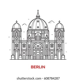 Travel Berlin landmark icon. Dome cathedral is one of the famous tourist attractions in capital of Germany. Thin line baroque church vector illustration in outline design.