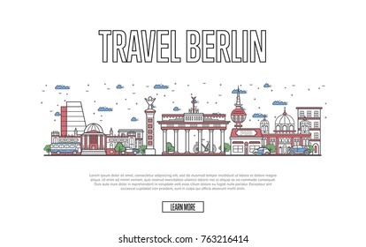 Travel Berlin poster with architectural attractions in linear style. Worldwide traveling and time to travel concept. Berlin skyline with famous landmarks, german tourism and journey vector background