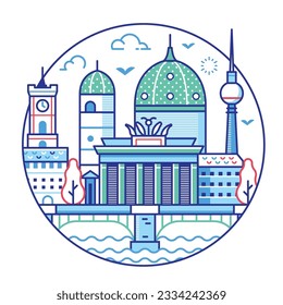 Travel Berlin scene with Dome cathedral, Brandenburg gate, City Hall and TV tower inspired architectural landmarks. German capital famous tourist symbols circle icon in line art design.