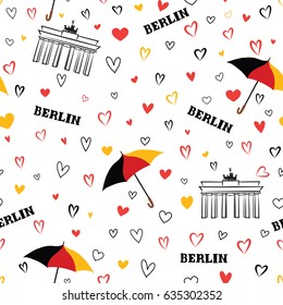 Travel Berlin seamless pattern. Germany vacation wallpaper. Travel Europe background. German Landmark tiled grunge pattern.