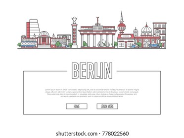 Travel Berlin vector composition with famous architectural landmarks in linear style. Worldwide traveling and time to travel concept. Berlin historic attractions on white background, european tourism