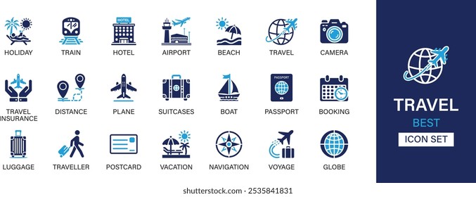 Viaje melhor coleção de conjuntos de ícone sólido. Férias, trem, hotel, aeroporto, praia, câmera, seguro de viagem, distância, avião, mala, barco, passaporte e ilustração vetorial.