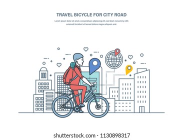 Travel bicycle for city road. Man traveler with luggage, riding bicycle on street. Healthy lifestyle, outdoor activities. Mobile application for searching road. Illustration thin line vector doodles.