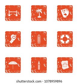 Travel binge icons set. Grunge set of 9 travel binge vector icons for web isolated on white background
