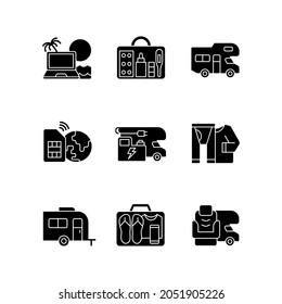 Travel Black Glyph Icons Set On White Space. Recreational Vehicle. Campground For RV. Roadtrip Gear. Nomadic Lifestyle. Summer Vacation. Silhouette Symbols. Vector Isolated Illustration