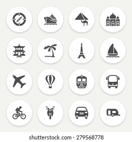 Travel black icons with buttons on gray background.