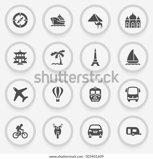 Travel black icons\
on stickers. Flat\
design.