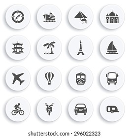 Travel black icons on white buttons. Flat design.