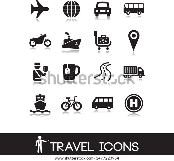 Travel black icons with\
reflection.