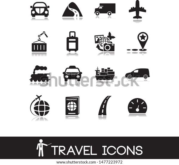 Travel black icons with
reflection.