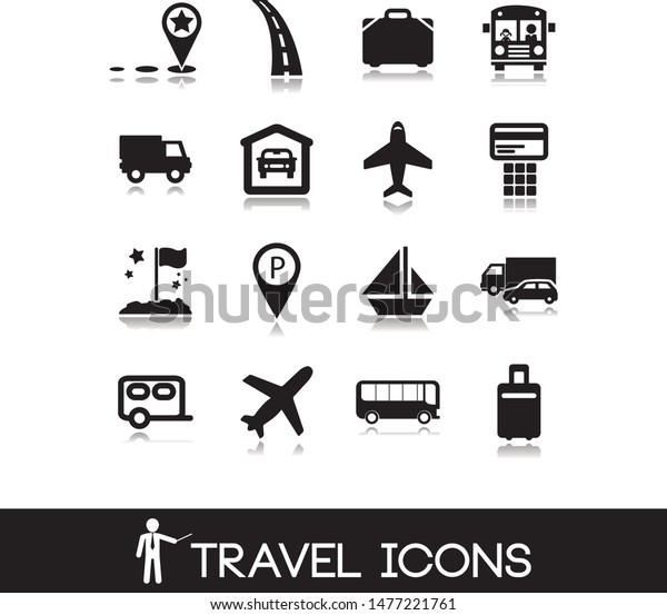Travel black icons with reflection. Vector set\
for tourism, tours and\
vacation.
