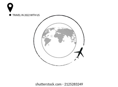 Travel. A black plane flies around the earth. Icon, vector graphic.