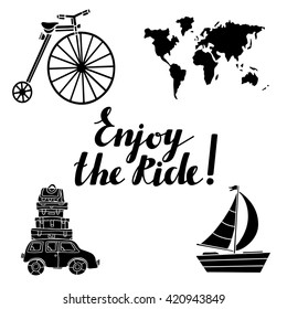 Travel black silhouettes set isolated, bike, car, sailboat, transportation, world map, calligraphic text,  hand drawn