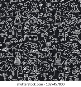 travel black and white background and doodles seamless pattern