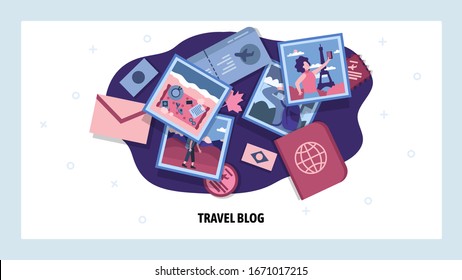 Travel blog and photo sharing. Social media marketing for tourism industry. Holiday and adventure vacation photography. Vector web site design template. Landing page website concept illustration