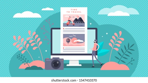 Travel blog vector illustration. Flat tiny adventure notes person concept. Vacation, journey, trip or holidays memories sharing in social web platform scene. Forum app for tourists and earth travelers