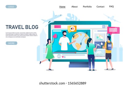 Travel blog vector website template, web page and landing page design for website and mobile site development. Blogging concept with traveler blogger vlogger and followers giving comments and likes.