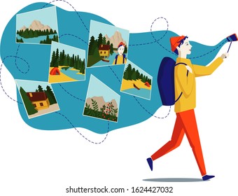 A travel blogger with a backpack takes pictures of himself on a camera phone. Behind it is a stylized cloud of images of nature. Tourist takes a selfie