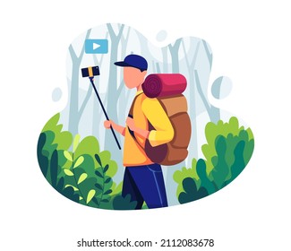 Travel blogger concept illustration. Male travel blogger internet broadcasting use smartphone. Vector illustration in a flat style