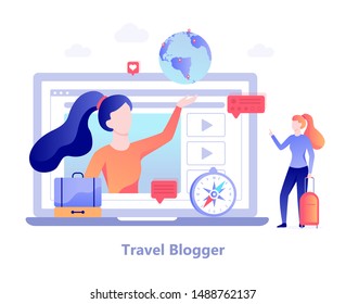 Travel blogger concept. Woman shooting video for blog in different countries. Share content in the internet. Isolated vector illustration in cartoon style