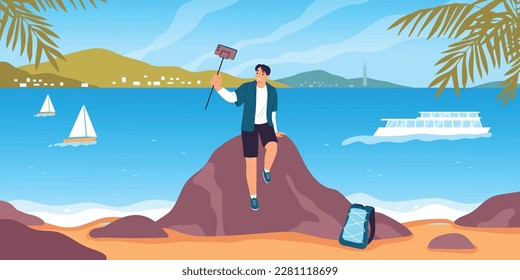 Travel blogger flat poster with man making selfie video on seashore background vector illustration