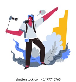 Travel blogger, guy hiking with action camera, man with backpack vector. Internet profession or hobby, traveler and vlog or video filming. Male character climbing mountain, web blogging, travel show