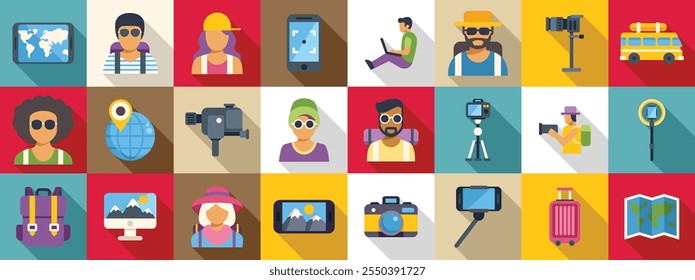 Travel blogger icons set. Travel bloggers and vloggers creating content using cameras, smartphones, tripods and computers