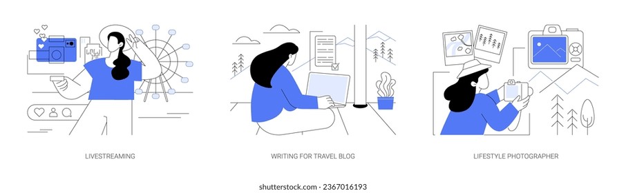 Travel blogger isolated cartoon vector illustrations set. Livestreaming for vlog, shooting video on smartphone on vacation, writing post for social media, lifestyle photographer vector cartoon.